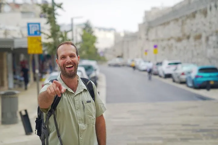 Private guide with a small family outside Jaffa Gate on a private Jerusalem Old City tour of the four quarters