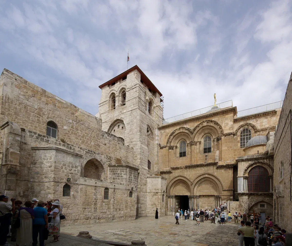 Facade and forecourt of the Church of the Holy Sepulchre, the first stop on a Jerusalem Old City tour