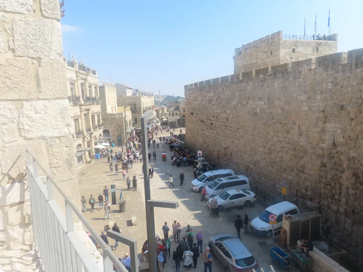 The Old City wall by Jaffa Gate seen from the Ramparts Walk on a Jerusalem Old City tour